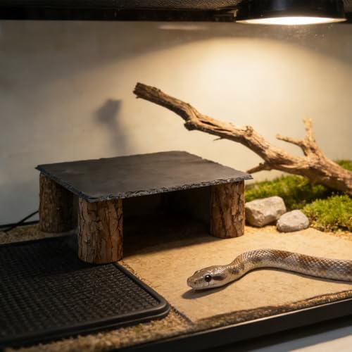 Reptile Tank Accessories, Slate Basking Platform with Wooden Pile, Snake Hideout, Hide Cave for Bearded Dragons, Geckos, Ball Pythons, Tortoise and Other Small Animals