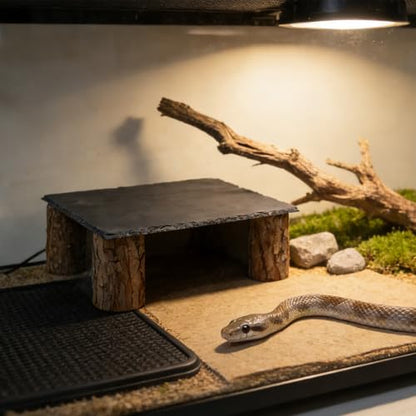 Reptile Tank Accessories, Slate Basking Platform with Wooden Pile, Snake Hideout, Hide Cave for Bearded Dragons, Geckos, Ball Pythons, Tortoise and Other Small Animals