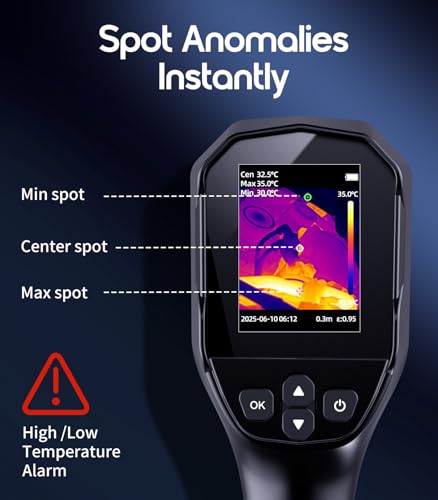 Thermal Camera, 240 x 240 TISR Resolution for Home Inspection | 25Hz Refresh Rate , -4°F to 1022°F Temp Range with High/Low Temperature Alarm, 50°FOV Handheld Thermal Imaging Camera