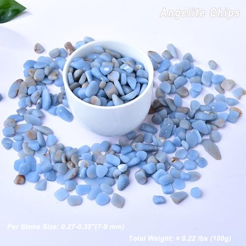 Erliway 7-9mm Angelite Healing Crystal Chips for Crafts, 100g | Natural Crushed Crystal Stones Tumbled Chips for Vase Filler Aquarium Gravel, Meditation Chakra Balancing, Candle DIY Making - color: Angelite