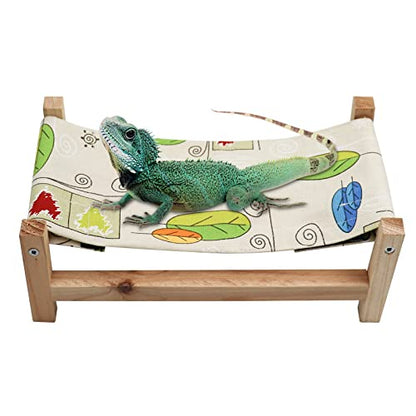 Dnoifne Bearded Dragon Bed, Wooden + Canvas Reptile Hammock Bed & Hideout | Tank Decor Accessories for Lizard Chameleon Leopard Gecko - size: Medium