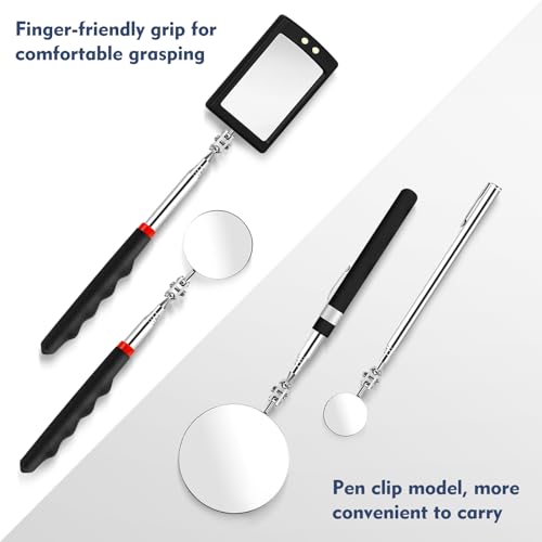 CdbC 4 Pcs Telescoping Mirrors, LED Lighted Inspection Mirror Telescoping, 360 Rotation Mechanic Mirror Extendable, Flexible Telescopic Mirrors Tool for Checking Vehicle Observing Small Parts