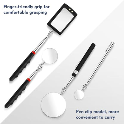 CdbC 4 Pcs Telescoping Mirrors, LED Lighted Inspection Mirror Telescoping, 360 Rotation Mechanic Mirror Extendable, Flexible Telescopic Mirrors Tool for Checking Vehicle Observing Small Parts