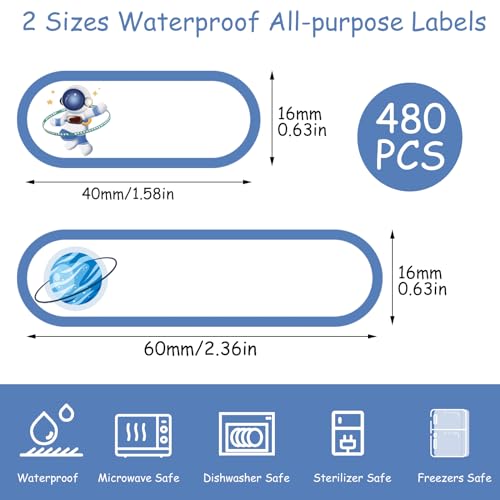 480 Pcs Waterproof Name Labels for Daycare, Self-Laminating, Kids | 2 Sizes, Cute Astronaut Design,For Bottles, Lunch Boxes, School Supplies - style: Cute Astronaut Style