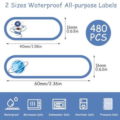 480 Pcs Waterproof Name Labels for Daycare, Self-Laminating, Kids | 2 Sizes, Cute Astronaut Design,For Bottles, Lunch Boxes, School Supplies - style: Cute Astronaut Style