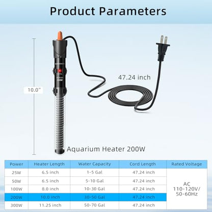 HiTauing Aquarium Heater 25W/50W/100W/200W/300W, Adjustable Knob Fish Tank Heater with Digital Thermometer, Submersible Betta/Turtle Tank Heater for Freshwater and Saltwater Tanks - size: 200W for 30-50 gallon