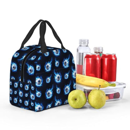 Women Flame Soccer Print Insulated Lunch Box Leakproof | Blue Flame Soccer Ball, Neoprene Thermal Cooler Bag, Padded Handle, Compact Tote for Commute & Travel - color: Pattern (850)
