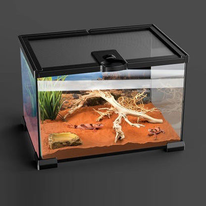 Reptile Float Glass Growth Tank, Transparent Reptile Terrarium with Wiring Hole, Eco Rainforest Feeding Box, Reptile Breeding Box Suitable for Stacking, Top Screen Ventilation Escape Proof Lid, - color: A