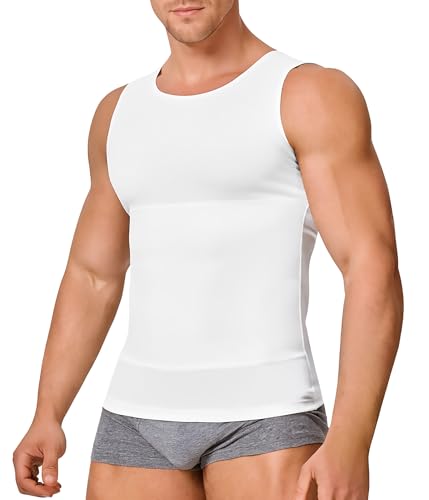 Gotoly Men's Compression Shirt Shapewear Slimming Body Shaper Vest | Man boobs slimming, double-layer tummy control, seamless round neck, invisible under fitted tees, 4-way stretch fabric - color: White, size: Small