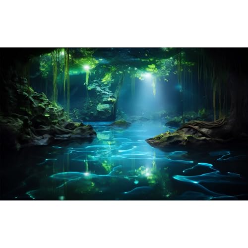Fantasy Underwater Cave Aquarium Background Light Beam Crystal Clear Water Fish Tank Background Tropical Green Plants Undersea Cave Terrarium Backgrounds Misty Jungle Reptile Tank Backgrounds 24x12in - color: Black_Green, size: 24(W)x12(H)in