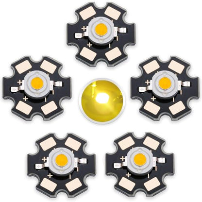 5PCS 3W Warm White LED Chip, High Power COB Bright Light Emitting Diode with Aluminum Plate 20mm Star PCB Base Heat Sink for Light Chip Replacement (700mA,3.0-3.4V,140deg,2800-3200K) - color: Warm White