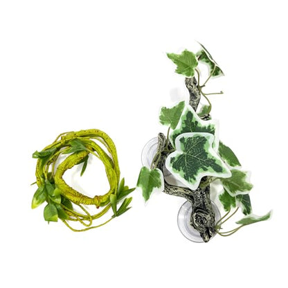 Reptile Climbing Vine 2-Pack – Resin Driftwood with Suction Cups & Bendy Ivy (Medium-Large 10") for Terrariums, Geckos, Lizards, Snakes, and Reptile Habitats (White Ivy) - color: White Ivy
