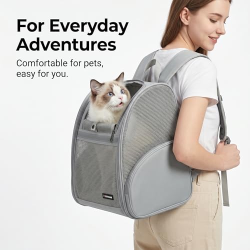 Cat Backpack Carrier for Small Dogs and Medium cat Puppy Kitten Bunny Pet Carrier Backpack Collapsible with Fully Ventilated Mesh with Safety Leash (Gray, 12.9" L x 10.62" W x 15.5" H - M) - color: Gray, size: Medium