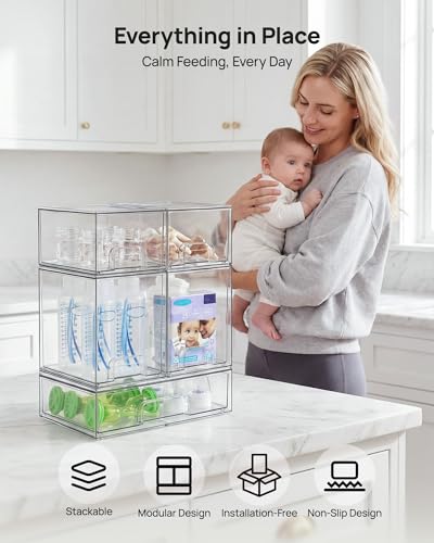 Vtopmart Stackable Storage Drawers Set of 5, Clear Plastic Organizer Bins for Baby Bottle, Beauty Supplies Storage, Ideal for Kichen Countertop, Vanity, Bathroom, Cabinet, Pantry Organization - style: 2 Small+2 High+1 Wide