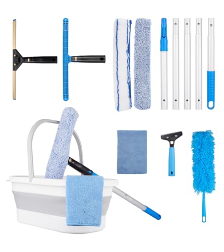 Window Cleaning Kit, Swivel Squeegee & Scrubber with Extension Poles, Foldable Bucket, Blendable Duster, 2 Scrubber Pads & Cleaning Cloth, Glass Scraper Cleaning Tool Kit for Window Glass Mirror Car - color: Silver-13pcs