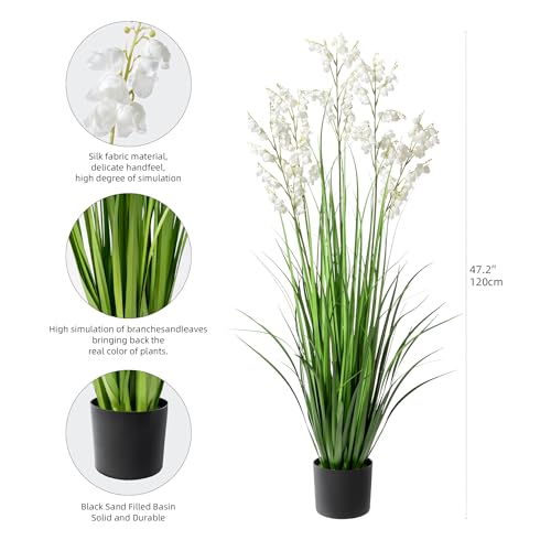 Ttranewsoo Artificial Tall Grass Plants with Pots 47“ 1 Pack Lily of The Valley Artificial Grass Home Interior Decorating and Outdoor Garden Decorations（White） - color: White-1pcs