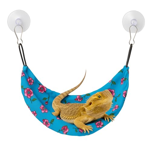 Reptile Hammock & Lizard Hammock Hide (100% Polyester, 2 Suction Cups) 9.8" x 3.9" with 2.4" Ideal for Geckos, Lizards & Small Reptile Hide Crested Gecko Accessories (Blue Flowers, Medium) - color: Blue Flowers