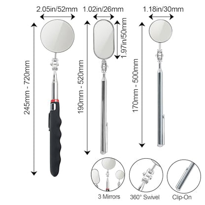 Telescoping Inspection Mirror with Rotating Head,Extendable Mechanic Mirror with Long Handle and Clip-On Design for Mechanics, Dentists, Auto, Boat (2.05in Round &1.18in Round & 1.02 * 1.97in Oval) - style: 3 PCS (Round & Oval)