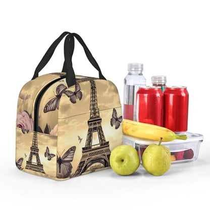 Insulated Lunch Bag Eiffel Tower Flowers and Butterflies Lunch Box for Women Men Reusable Leakproof Lunch Cooler Bag for Office Picnic - color: Eiffel Tower Flowers And Butterflies