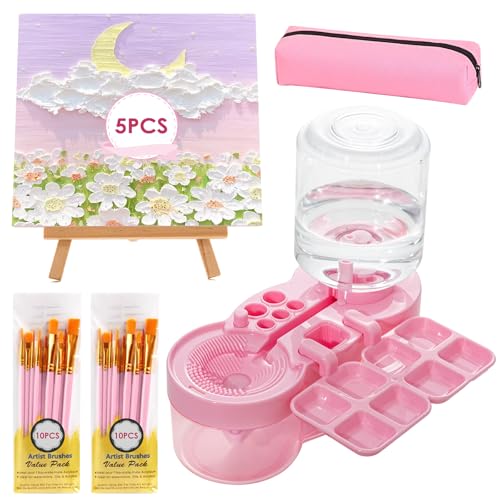 Paint Brush Washer, Deep-Clean Leak-Proof Kit with Palette | Includes: 5 canvases, 20 brushes & case, 400ml clean/500ml waste tank, durable ABS, ideal gift for beginners/students, pink - color: Pink