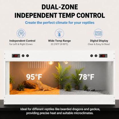 Reptile Tank PVC Enclosure with Dual-Zone Temp Control, White | Reptile Tank PVC Terrarium with Viewing Window, Ventilation Grilles, E27 Lamp Support, for Bearded Dragon Snake Turtle Gecko