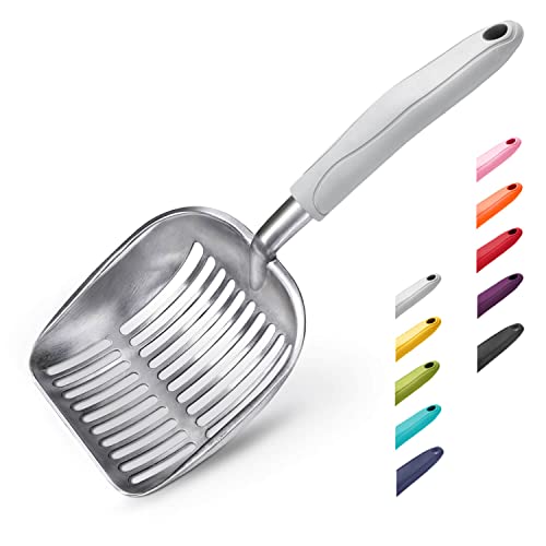Cat Litter Scoop, Aluminum Alloy Sifter, Kitty Metal Scooper, Deep Shovel, Long Handle, Poop Sifting, Kitten Pooper Lifter, Durable, Heavy Duty, for Litter Box - color: FLAT Aluminum \ #05 Grey Handle, size: Large