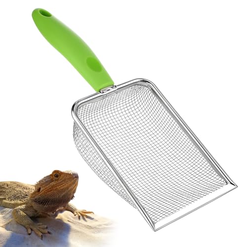 Stainless Steel Mesh Litter Shovel, Fine Mesh Metal Reptile Litter Cleaner Scooper, Green Non-Slip Handle Sifter for Lizard Substrate Reptile Terrarium Sand Waste