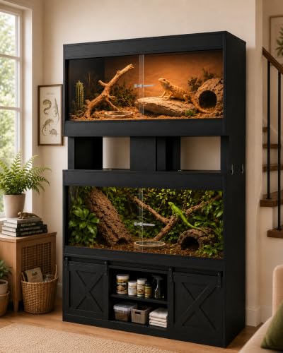 Dual 120 Gallon Reptile Tank with Stand, Albizia Solid Wood-Core Double 4x2x2 Reptile Enclosure, Bearded Dragon Tank, XXL Stackable Reptile Terrarium Stand for Snakes, Lizards (Black)