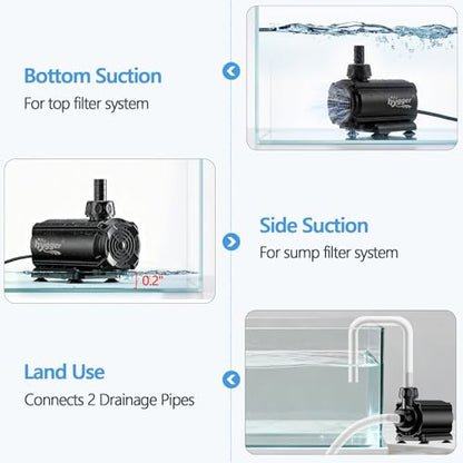 hygger Submersible Pump 530GPH, 20W Water Fountain Pump With Controller | 2000L/H, with 8.2ft. High Lift, 12.9ft. Power Cord, 6 Nozzles for Fish Tank, Outdoor Pond, Aquarium, Statuary, Hydroponics - size: 530GPH 20W