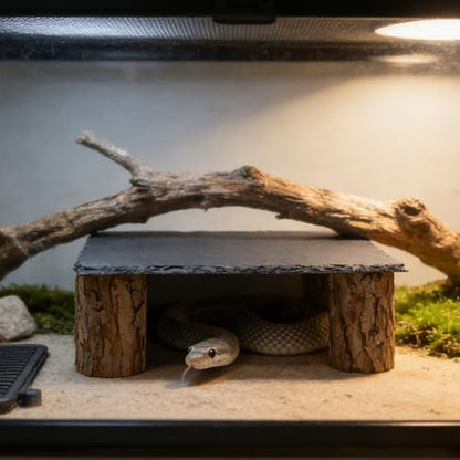 Reptile Tank Accessories, Slate Basking Platform with Wooden Pile, Snake Hideout, Hide Cave for Bearded Dragons, Geckos, Ball Pythons, Tortoise and Other Small Animals