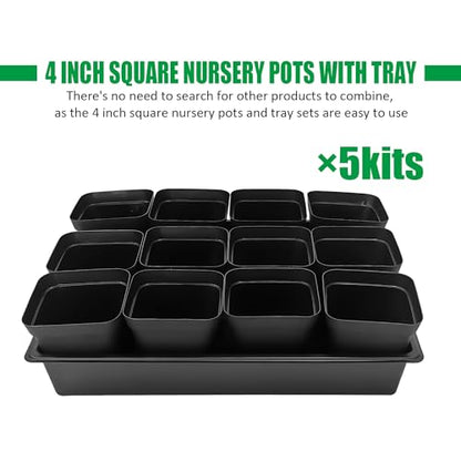 RooTrimmer 4 inch (10CM) Square Nursery Pots 60pcs, Sturdy Seedlings Trays 5 Pcs, Seeds Starter Germination Tray, Microgreening Planter Nursery Propagation 5 Sets - size: 4" Pots-60P + 16.2" x 13.2" x 2.6" Trays-5P