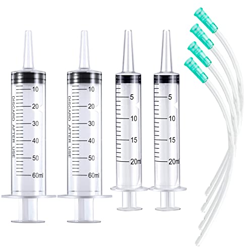 Large Plastic Syringe with Tube 60ml & 20ml with 13inch Tubing for Scientific Labs, Measuring, Watering, Refilling, Filtration, Feeding Pets, Oil or Glue Applicator, 4pcs - size: 2pcs 20ml + 2pcs 60ml