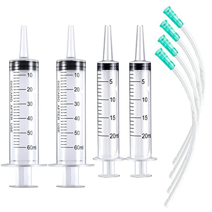 Large Plastic Syringe with Tube 60ml & 20ml with 13inch Tubing for Scientific Labs, Measuring, Watering, Refilling, Filtration, Feeding Pets, Oil or Glue Applicator, 4pcs - size: 2pcs 20ml + 2pcs 60ml