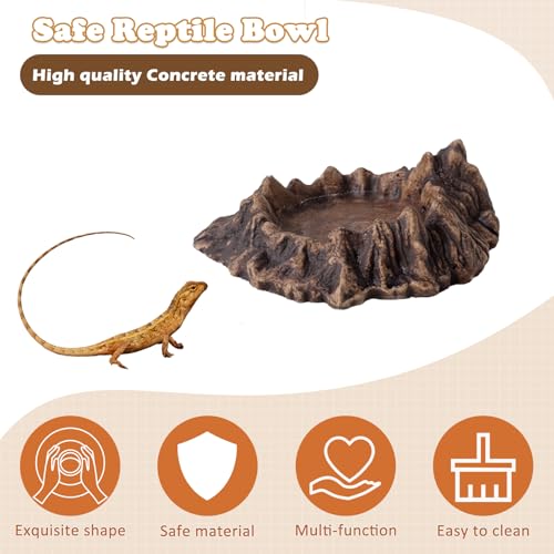 Reptile Water and Food Bowl with Feeding Tweezers Volcanic Rock Style Cement Feeding Dish for Bearded Dragon Leopard Gecko Lizard and Snake Non-Tip Terrarium Decor Landscape Accessory (Brown)