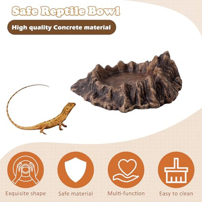 Reptile Water and Food Bowl with Feeding Tweezers Volcanic Rock Style Cement Feeding Dish for Bearded Dragon Leopard Gecko Lizard and Snake Non-Tip Terrarium Decor Landscape Accessory (Brown)