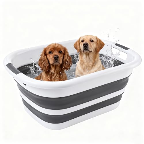 26L/40L Large Collapsible Mop Bucket with Handle for Cleaning, Silicone Portable Pet Bathtub for Puppy Small Dogs Cats, Foldable Laundry Basket Hamper Clothes Storage Bin Space Saving Design (26L) - size: 26L