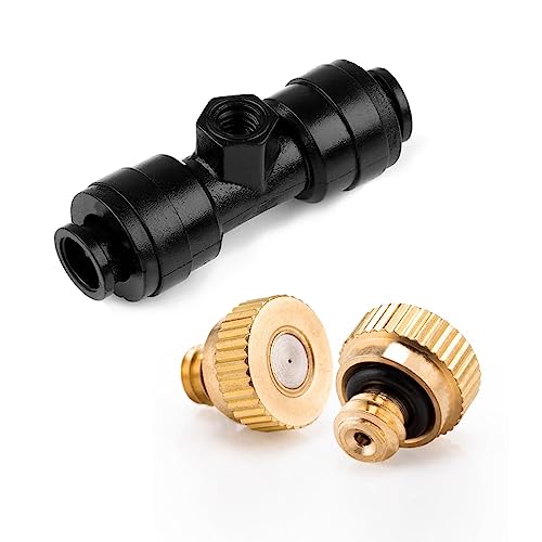 Brass & Black Misting Nozzles Kit - 20pcs Mister Nozzles & Tees with 2pcs Plugs for 1/4" Tubing and Outdoor Patio System