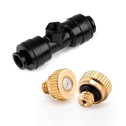 Brass & Black Misting Nozzles Kit - 20pcs Mister Nozzles & Tees with 2pcs Plugs for 1/4" Tubing and Outdoor Patio System