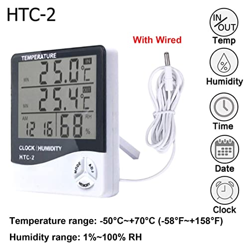 Temperature Humidity Meter,LCD Electronic Digital Outdoor/Indoor Thermometer Hygrometer with Clock Time Humidity Monitor for Home,Bedroom,Pet,Reptile,Plant,Greenhouse,Basement,Guitar (HTC-2)