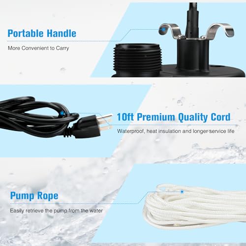 KITLUCK Submersible Water Pump, 1/2HP Thermoplastic Sump Pump, Portable Utility Pump with 10ft Cord, Hose Adapter, 2000GPH High Flow Water Removal for Swimming Pool, Garden Pond, Flood Basement, Tub - style: 1/2 Submersible Pump