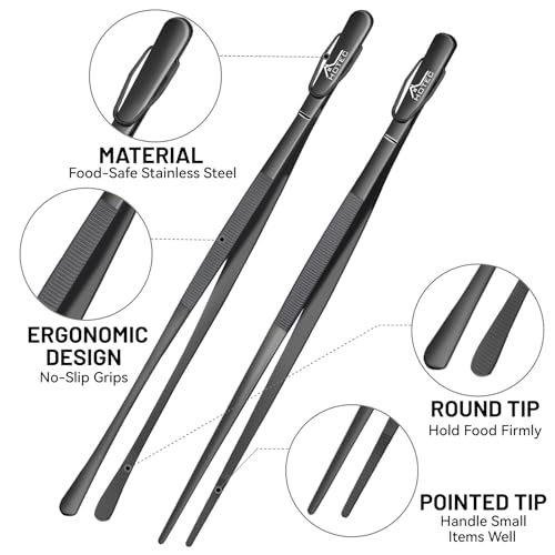 HOTEC Kitchen Tweezers Tongs Stainless Steel Professional Chef Tweezers, Set of 2-12inch Extra-Long Food Tongs for Cooking,Grill and Baking - color: Black, size: 2PCS: 12 Inch with hook