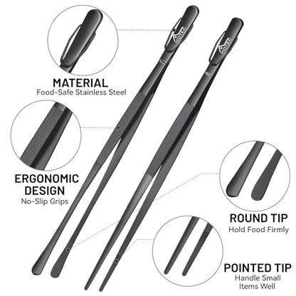 HOTEC Kitchen Tweezers Tongs Stainless Steel Professional Chef Tweezers, Set of 2-12inch Extra-Long Food Tongs for Cooking,Grill and Baking - color: Black, size: 2PCS: 12 Inch with hook