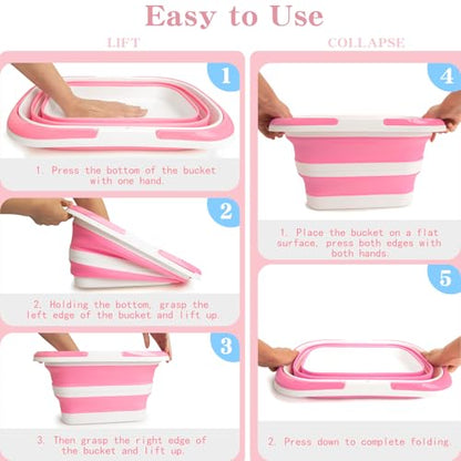 Large Collapsible Bucket for Cleaning, 4.2 Gallon (16L) Silicone Bucket with Handle & Hanging Hole, Foldable Space-Saving Mop Bucket for Home, Storage. Car Wash, Camping, Beach (Pink White) - color: Pink White