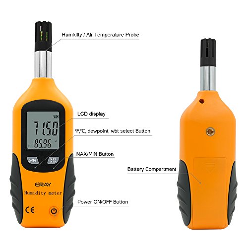 Digital Psychrometer Thermometer Hygrometer with Backlight, ERAY Temperature and Humidity Reader Meter Thermo-Hygrometer with Dew Point and Wet Bulb Temperature, 9V Battery Included(Yellow) - color: Yellow