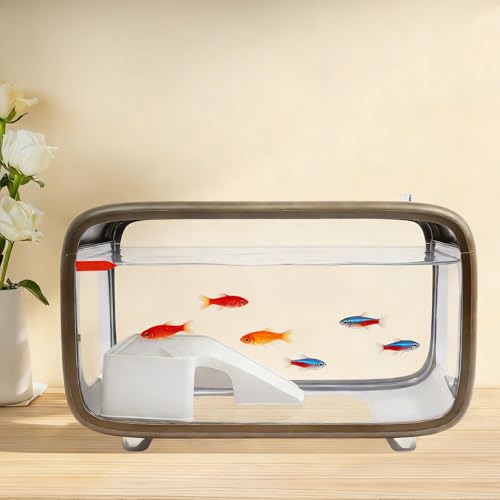 Desktop Fish Tank, 3.2Gal Small Betta Fish & Turtle Tanks, Aquarium Bowl with Detachable Basking Platform, Multi-Functional Areas Aquascape Tanks for Fish Terrapin Frog Shrimp Crab (Brown) - color: Brown