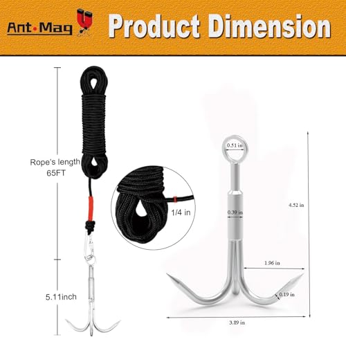 Ant Mag Grappling Hook with Claw Tips, Heavy Duty Stainless Steel Carabiner | Strong Grappling Hook for Camping, Hiking, Tree Climbing, Water Retrieval, Salvage Operations, Rugged Outdoor Rescue Gear - color: Black, size: Small