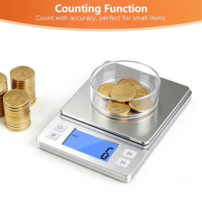 BOMATA 0.01g High Precision Jewelry Scale, 1000g Digital Gram Scale, Silver | Small & Portable Design with Hold, Tare & Counting Function, Precise for Gold, Bullion, Coins, Gemstones & Crafts - color: Silver