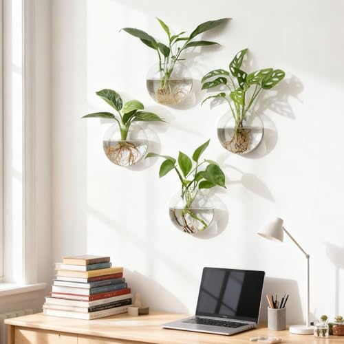 Wall Propagation Planters, 4 Pack Oblate Hanging Plant Holder Vase | Glass Terrariums Station, Hydroponic Indoor Flowers, Excludes Plants, Bathroom Living Room Office Decor, Gift for Plant Lover - size: 5.1"L x 2.4"W x 5"H