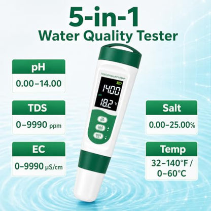 5 in 1 Water Quality Tester, Digital pH TDS EC Salinity Temperature Meter with Backlit LCD & ATC, Portable Pen Test Kit for Hydroponics Aquarium Fish Tank Pool Spa Drinking Water