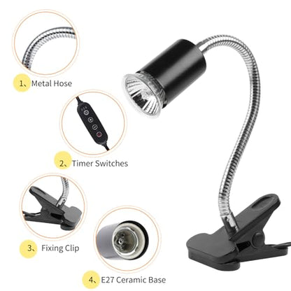 LUCKY HERP Reptile Heat Lamp with Clamp, Aquarium Turtle Tank Basking Light with 360° Rotatable Timing & Dimming and 2 Pack 50W UVA UVB Heat Light Bulb for Turtle Tortoise Lizard - size: 50+50